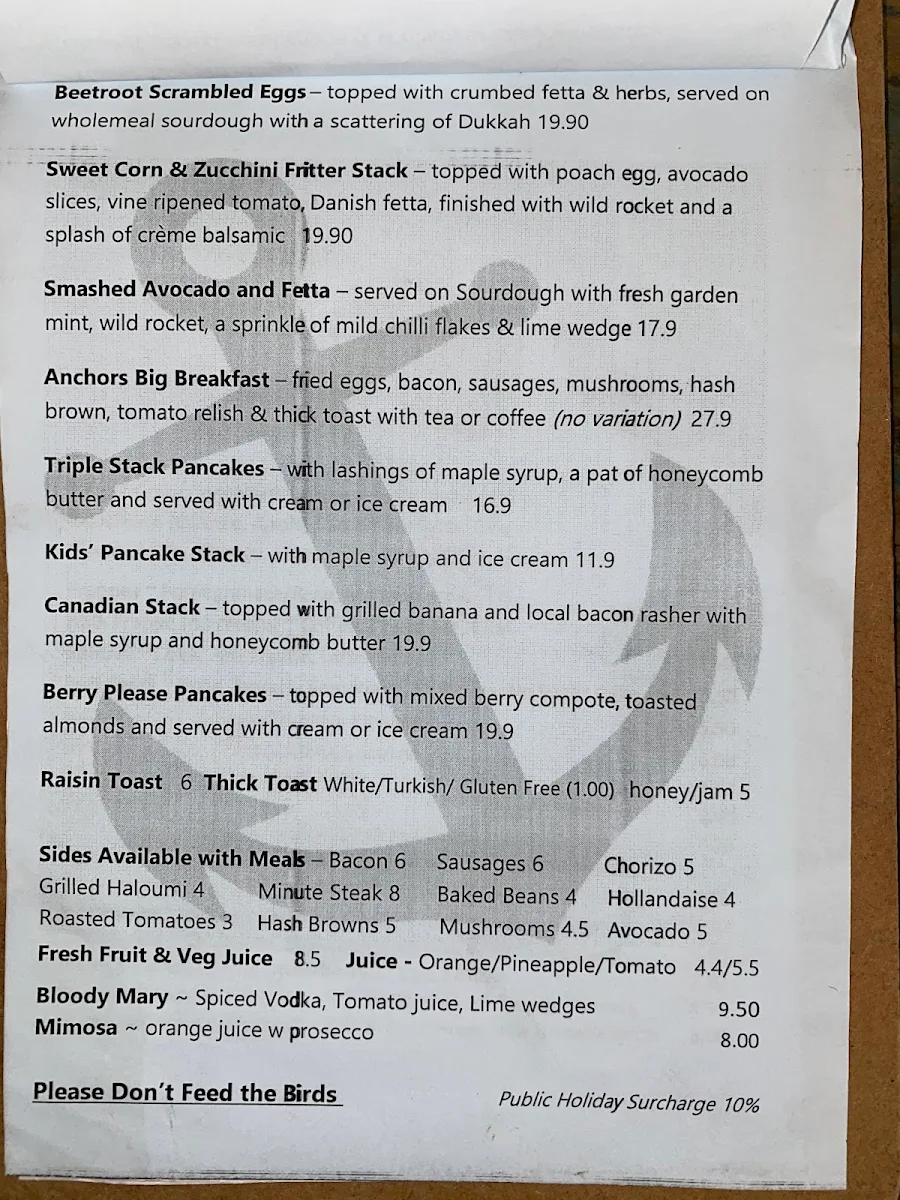 Menu, Anchors Wharf Cafe & Restaurant