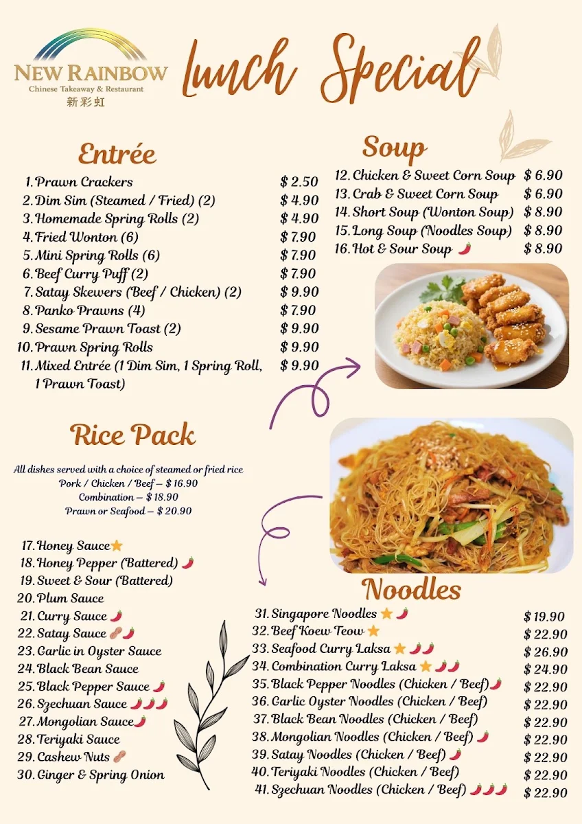 Menu, New Rainbow Chinese Maffra