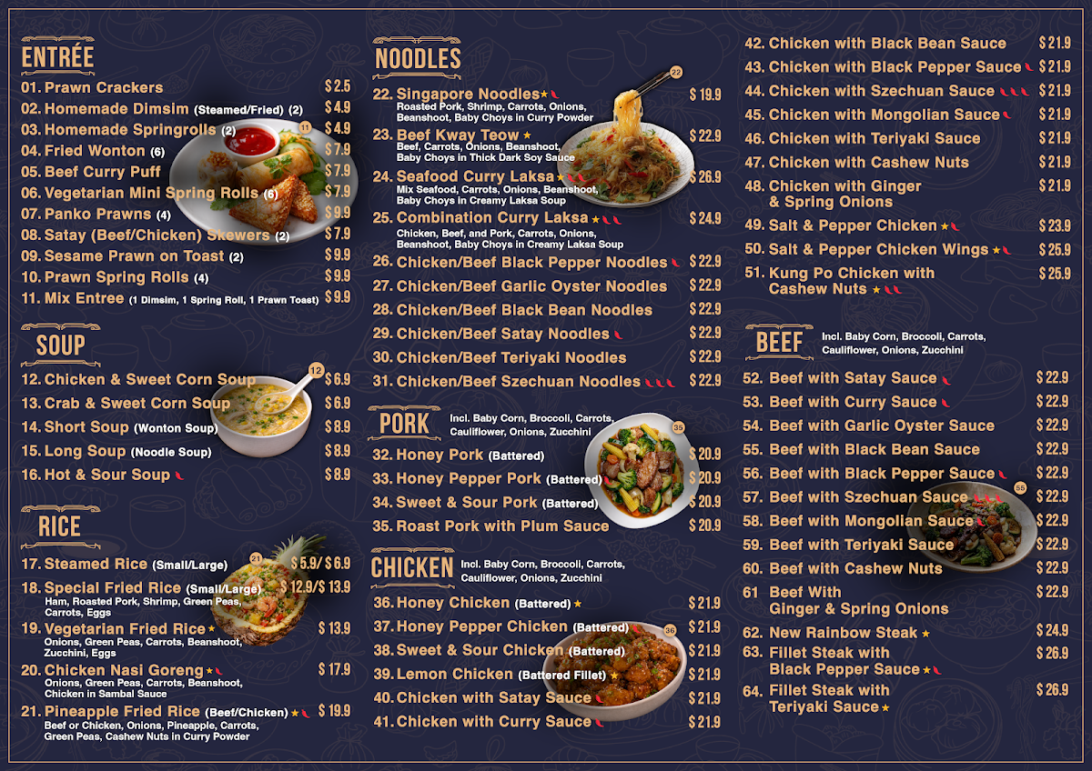 Menu, New Rainbow Chinese Maffra