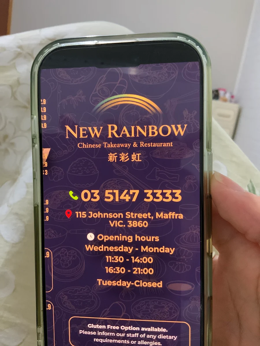 Menu, New Rainbow Chinese Maffra