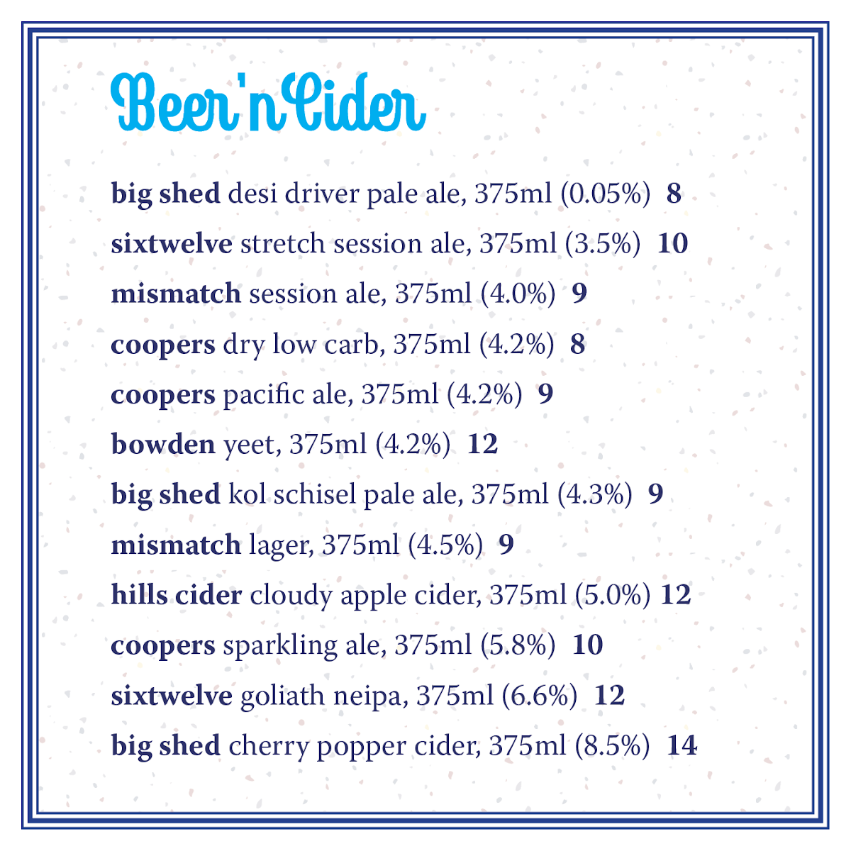 Menu, HYMN Bar
