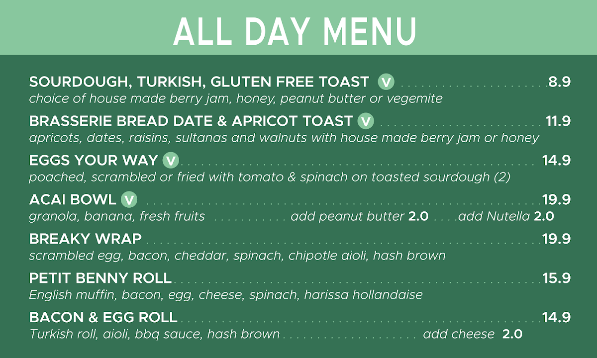 Menu, The Pool Cafe