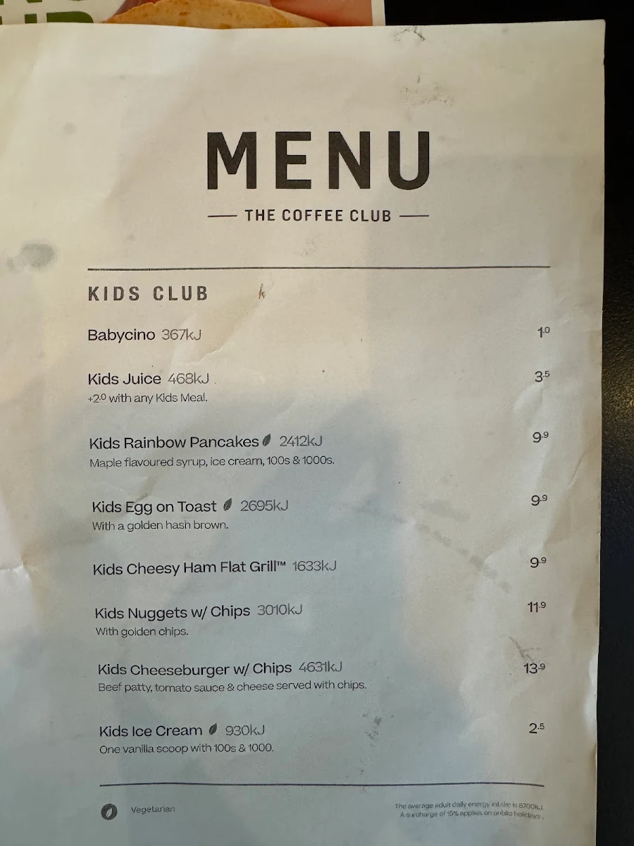 Menu, The Coffee Club Café - Tarneit