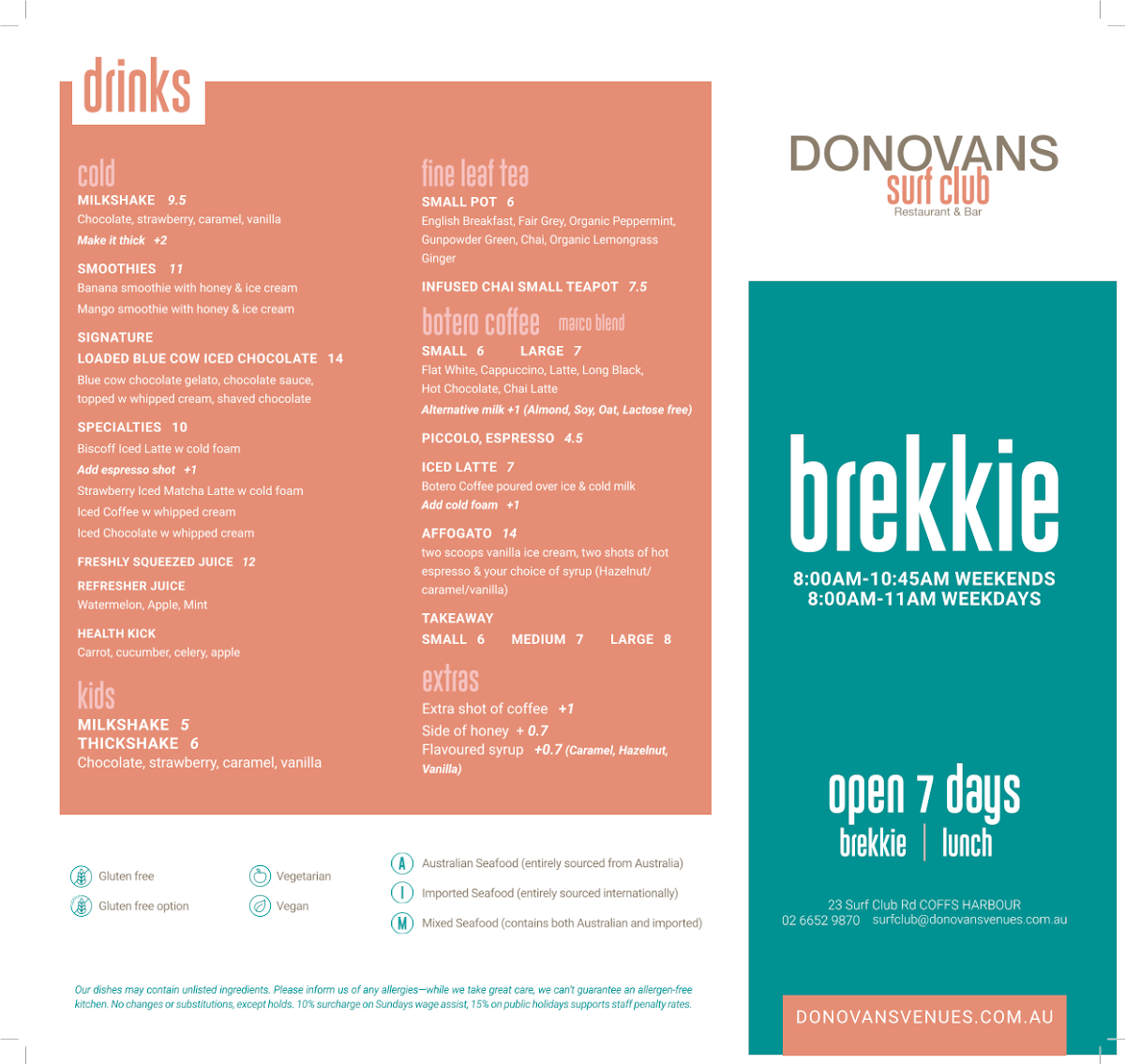 Menu, DONOVANS Surf Club Restaurant