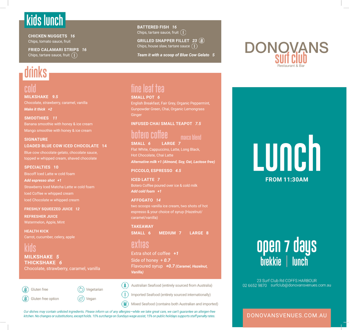 Menu, DONOVANS Surf Club Restaurant