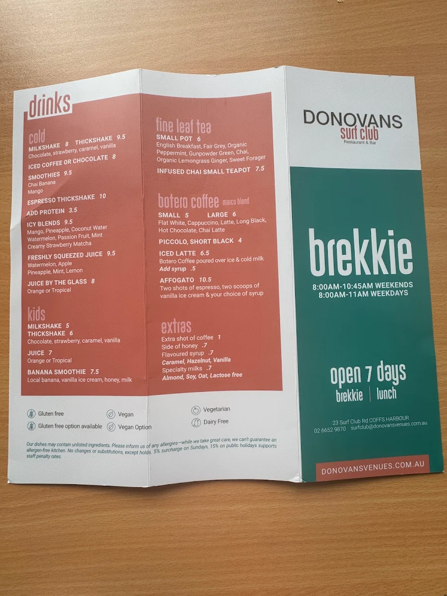 Menu, DONOVANS Surf Club Restaurant