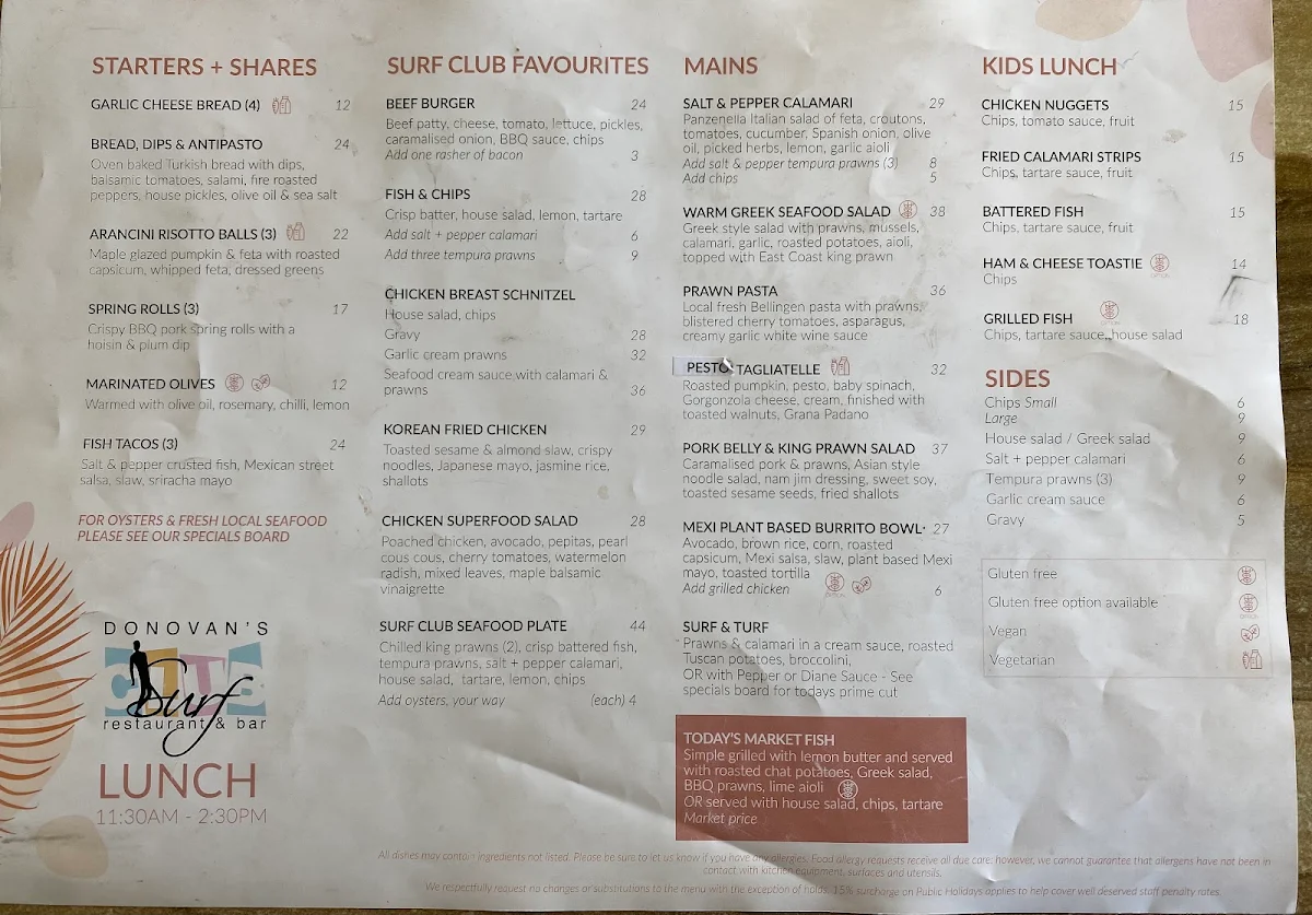 Menu, DONOVANS Surf Club Restaurant