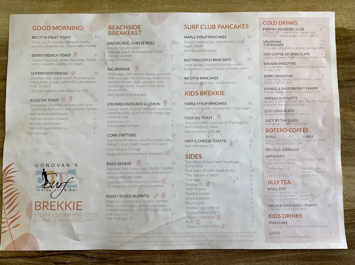 Menu, DONOVANS Surf Club Restaurant