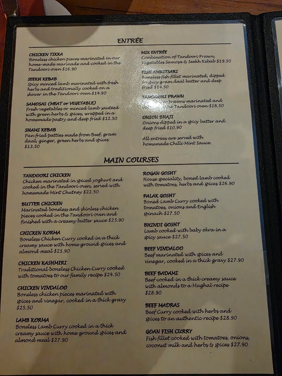 Menu, Shehnai Tandoori Indian Restaurant