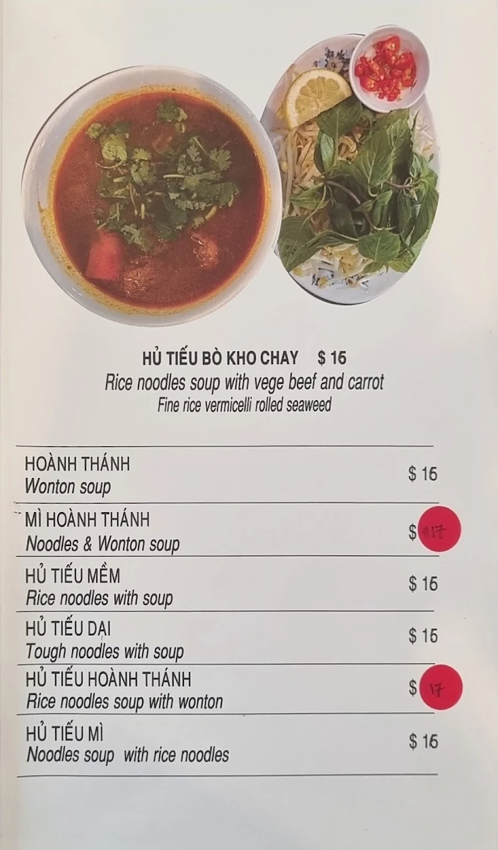 Menu, Bo De Tam Vegetarian Restaurant