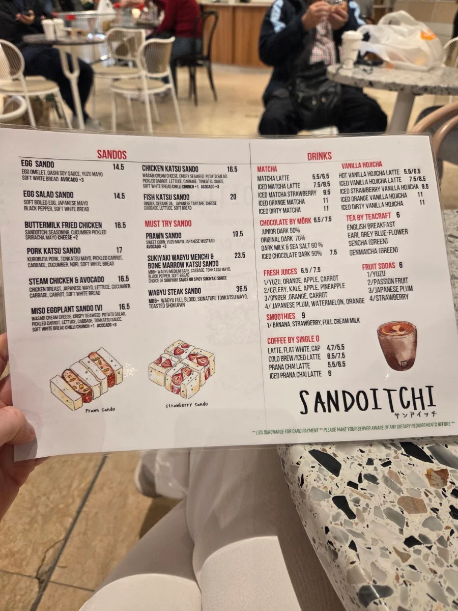 Menu, Sandoitchi Cafe Chatswood