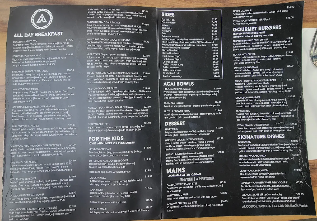 Menu, Andonis Cafe & Bar, Yeerongpilly