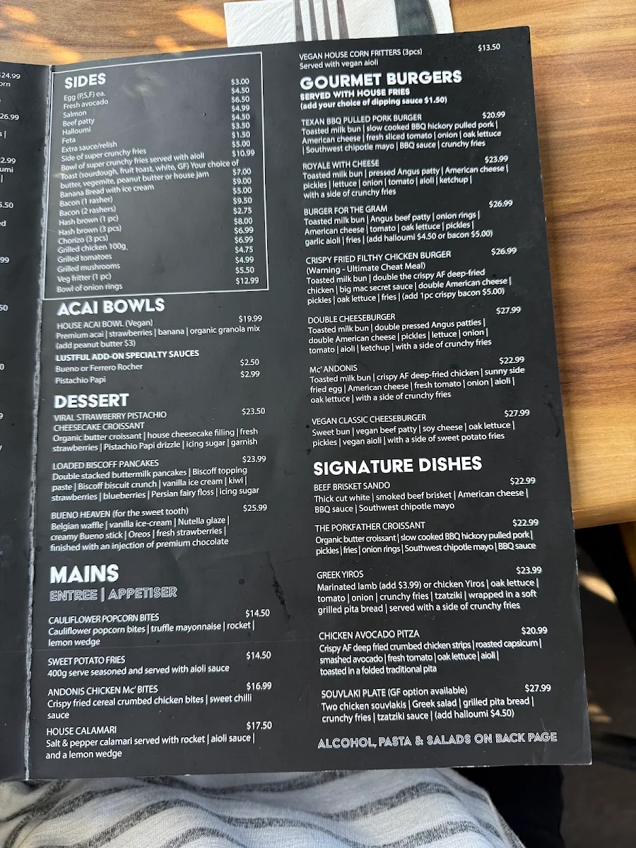 Menu, Andonis Cafe & Bar, Yeerongpilly