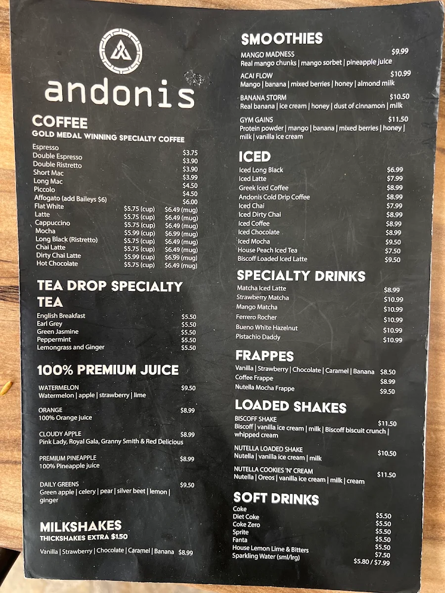 Menu, Andonis Cafe & Bar, Yeerongpilly