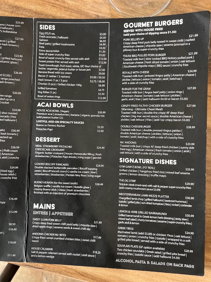 Menu, Andonis Cafe & Bar, Yeerongpilly
