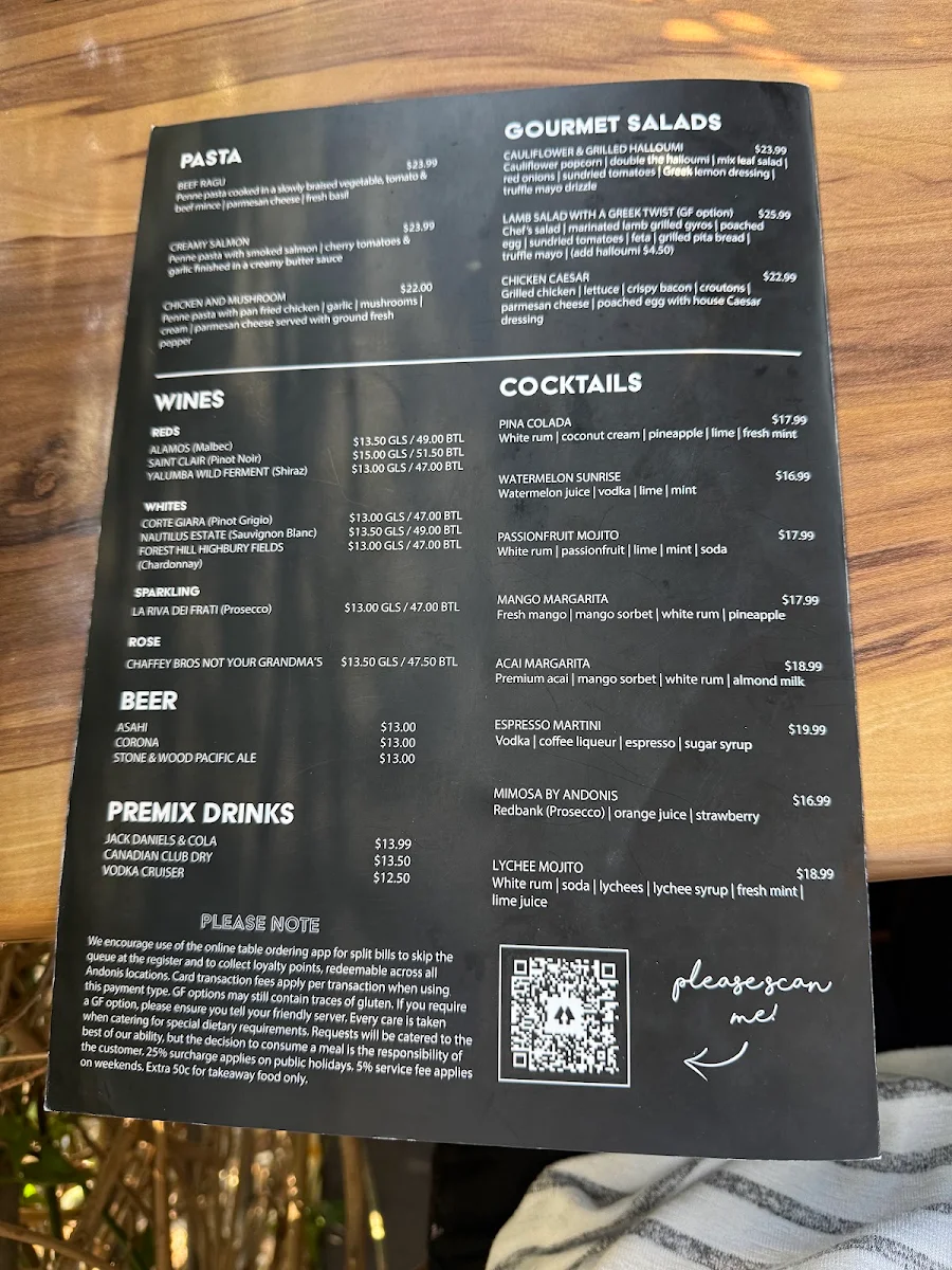 Menu, Andonis Cafe & Bar, Yeerongpilly