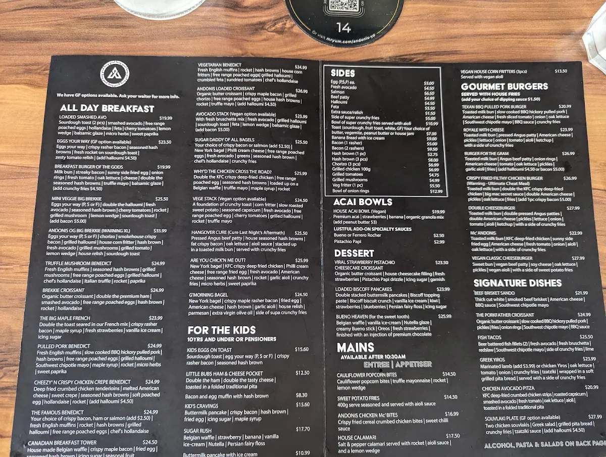 Menu, Andonis Cafe & Bar, Yeerongpilly