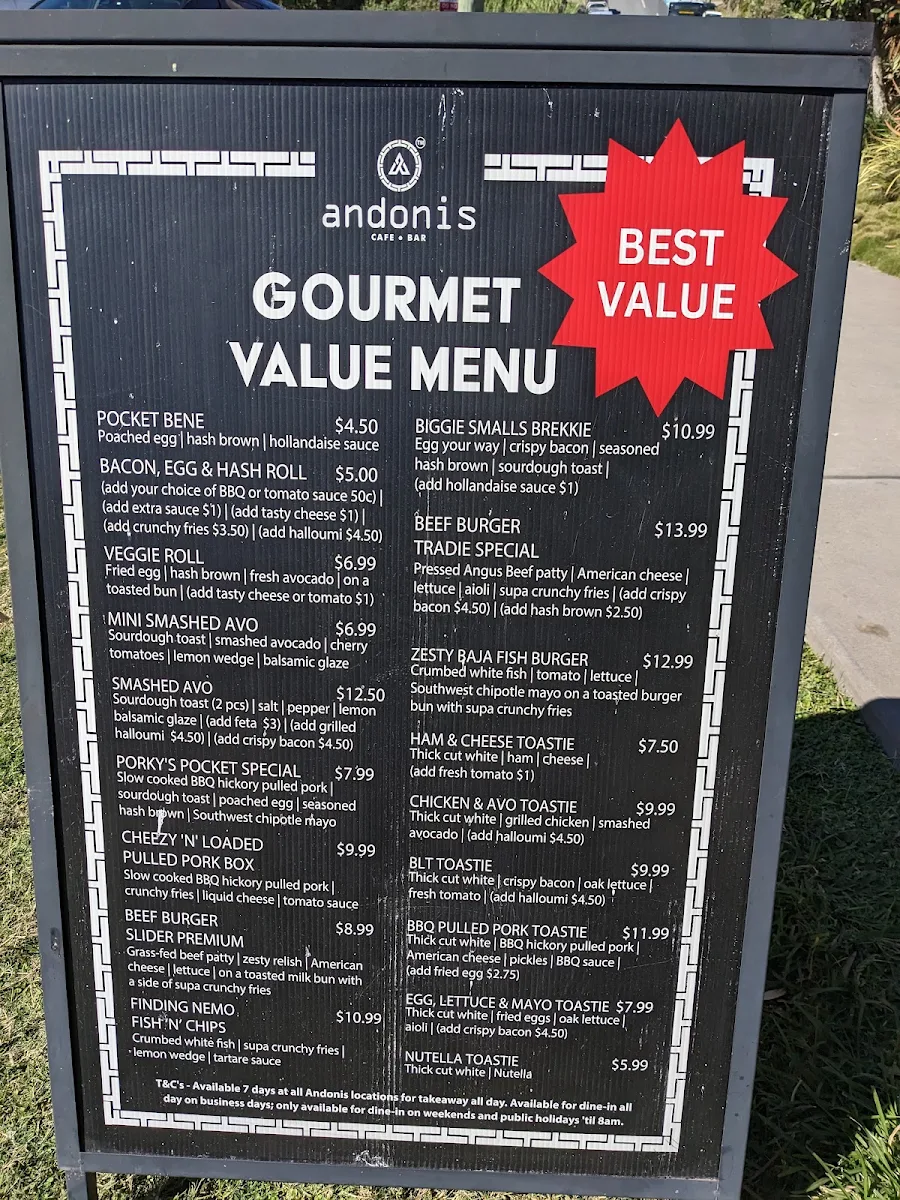 Menu, Andonis Cafe & Bar, Yeerongpilly