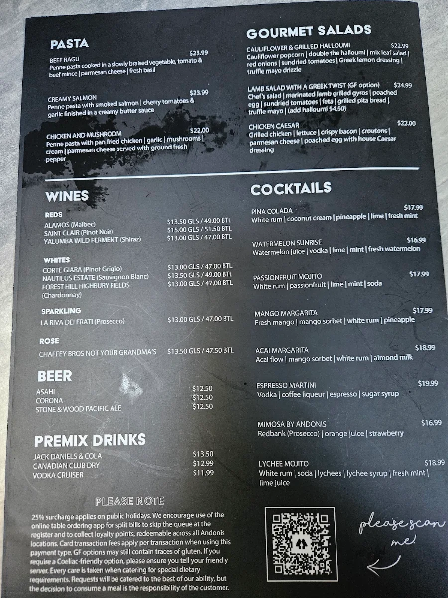 Menu, Andonis Cafe & Bar, Yeerongpilly