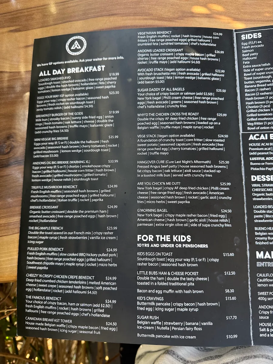 Menu, Andonis Cafe & Bar, Yeerongpilly