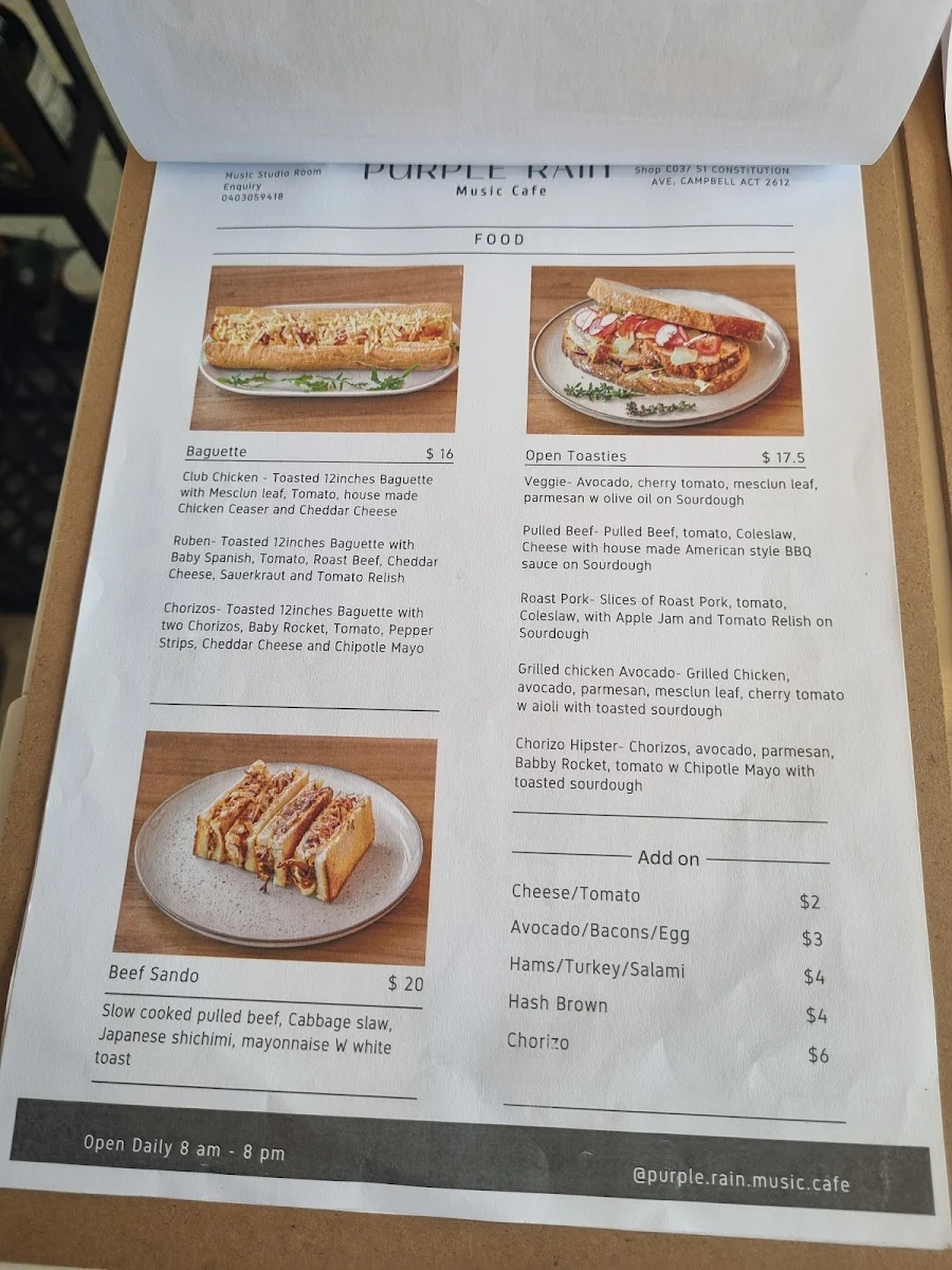 Menu, Purple Rain Cafe