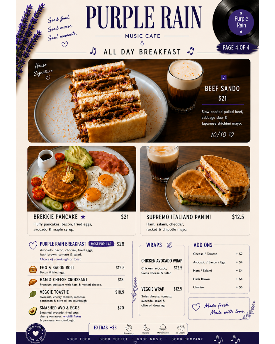 Menu, Purple Rain Cafe