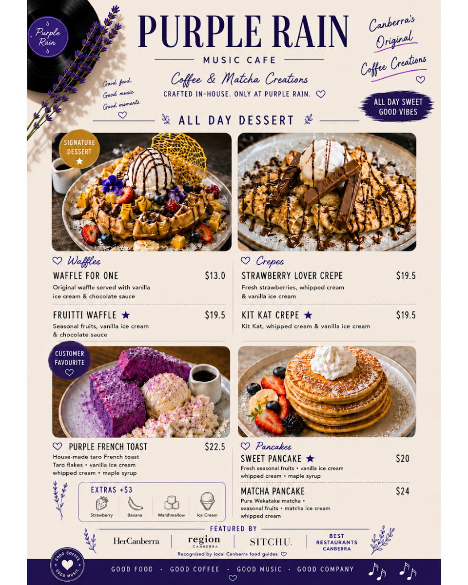 Menu, Purple Rain Cafe
