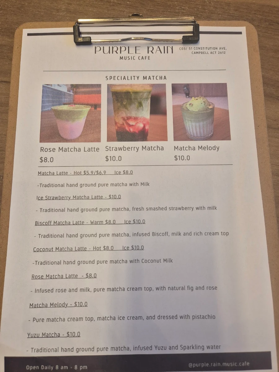 Menu, Purple Rain Cafe