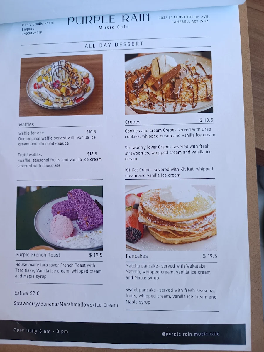 Menu, Purple Rain Cafe