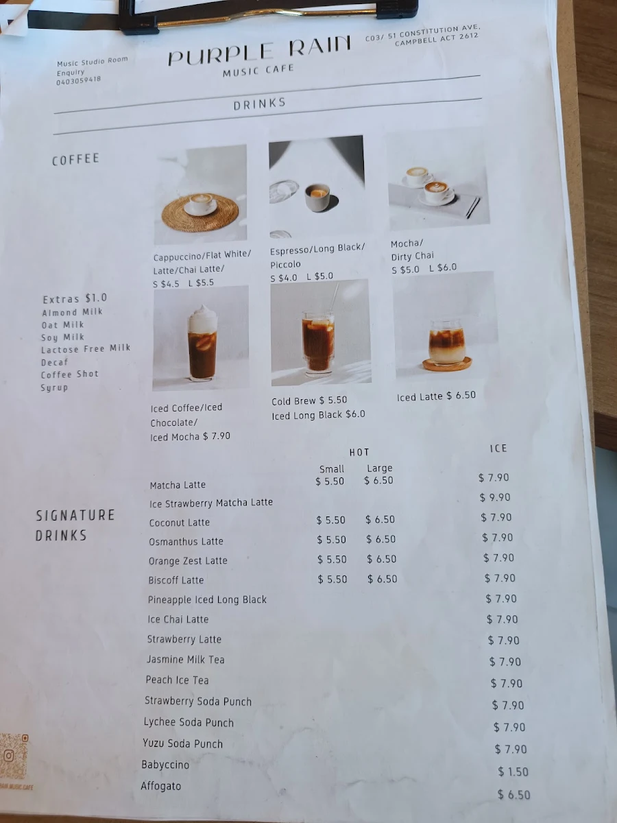 Menu, Purple Rain Cafe