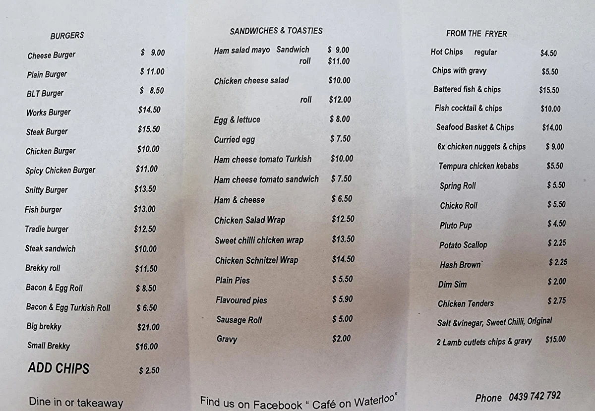 Menu, Cafe On Waterloo