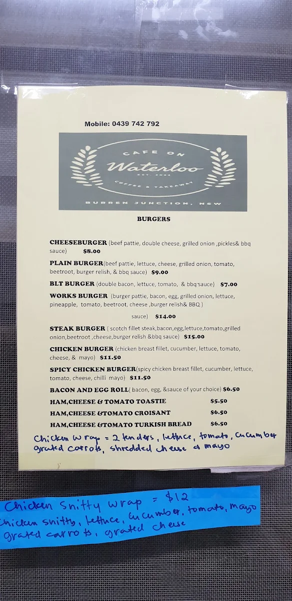 Menu, Cafe On Waterloo