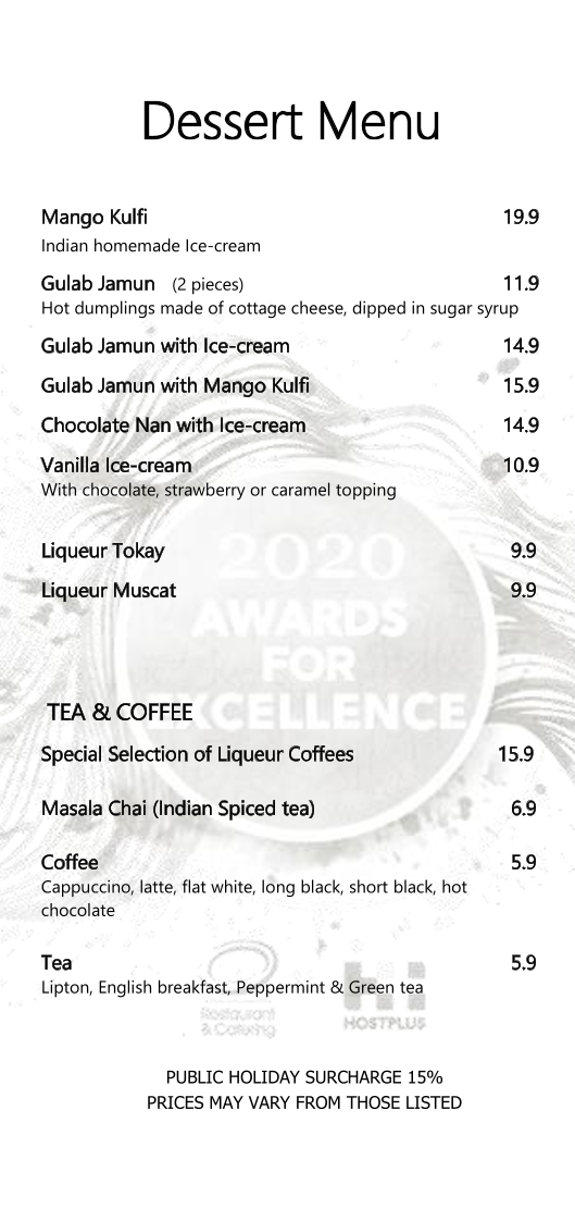 Menu, Indian Tandoori Restaurant