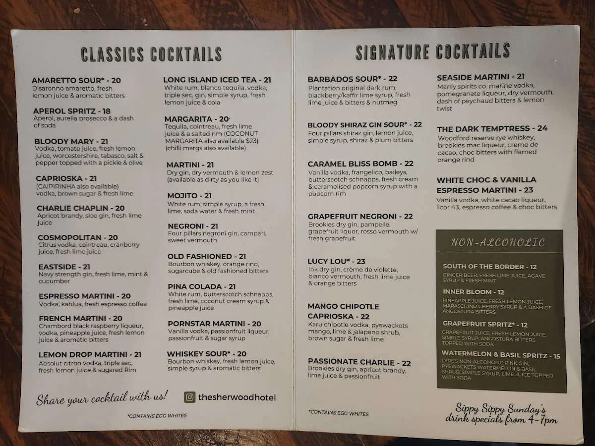 Menu, The Sherwood Hotel