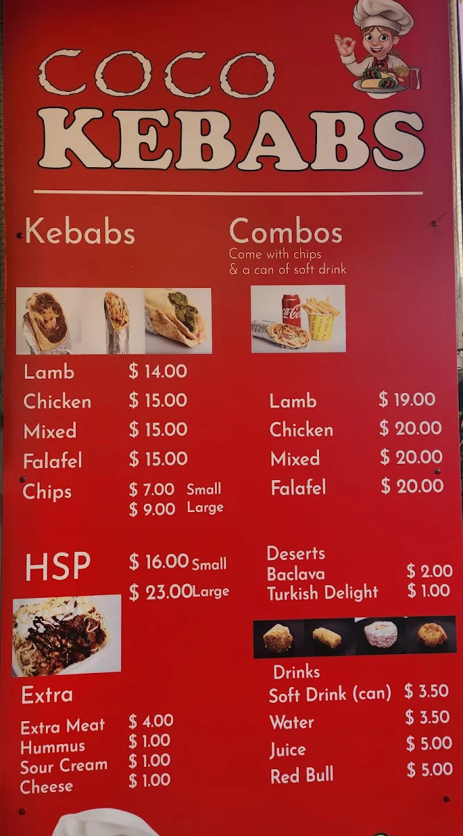 Menu, Coco Kebabs st kilda
