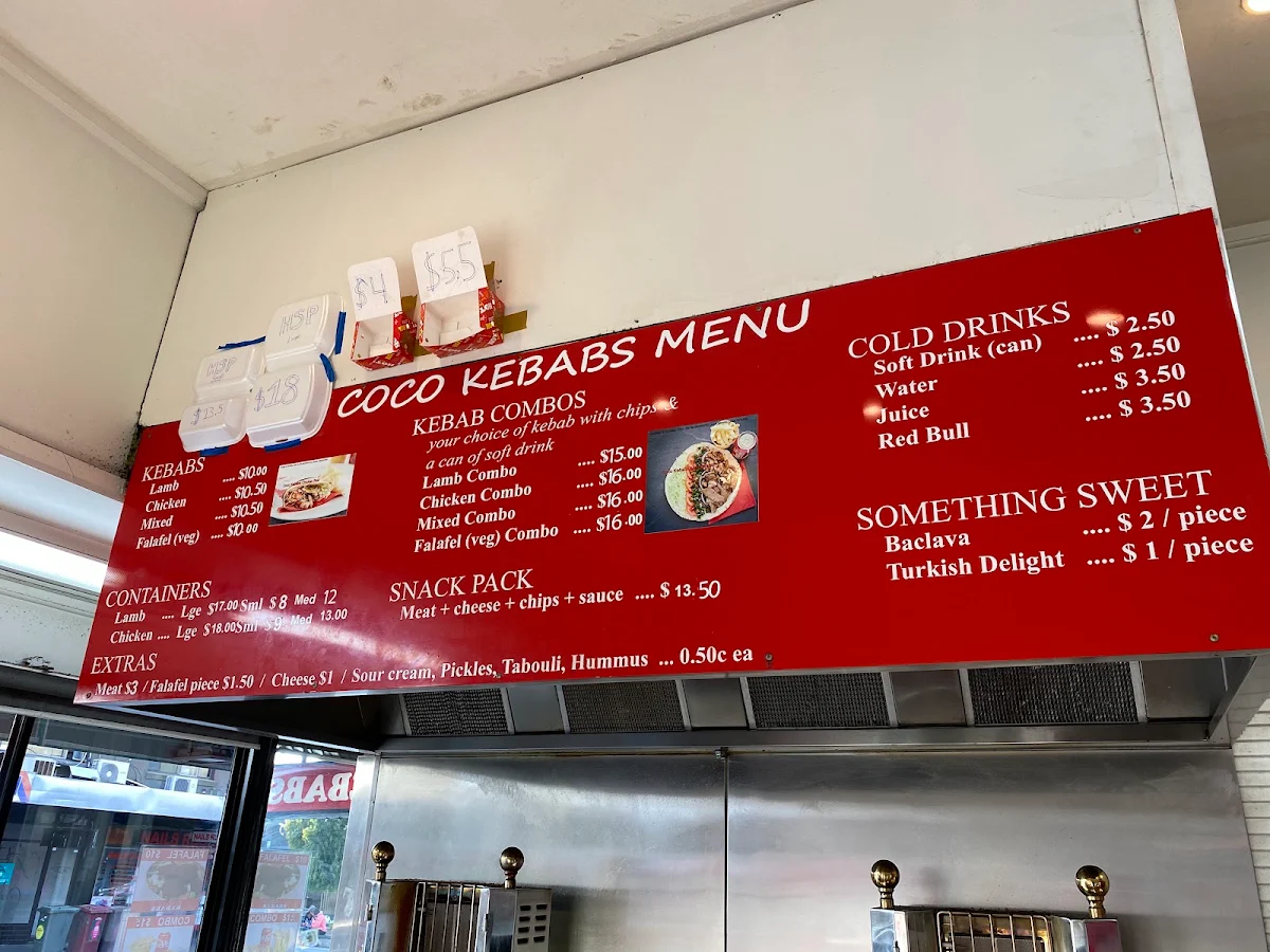 Menu, Coco Kebabs st kilda