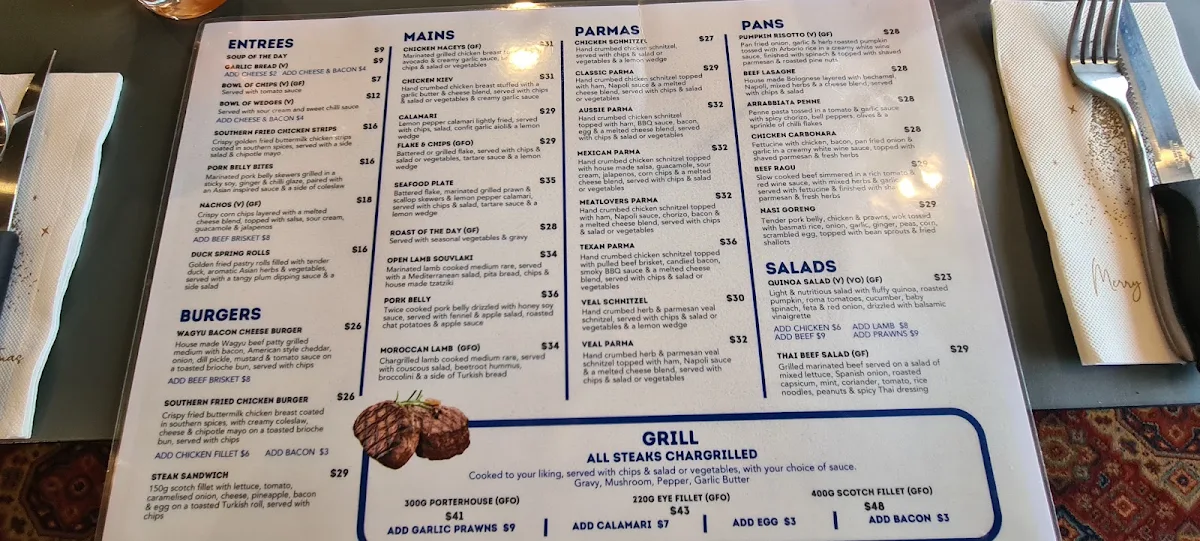 Menu, Macs Hotel Warrnambool