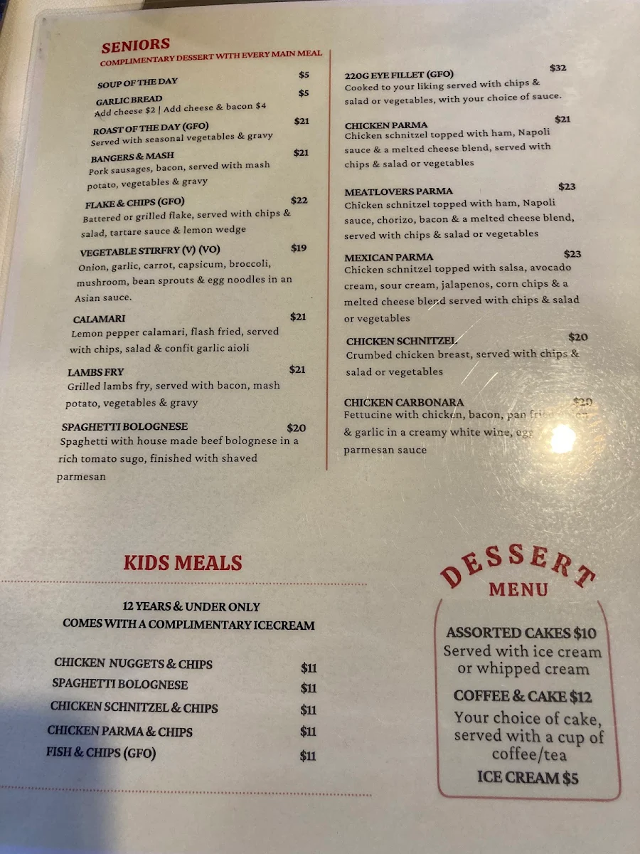 Menu, Macs Hotel Warrnambool
