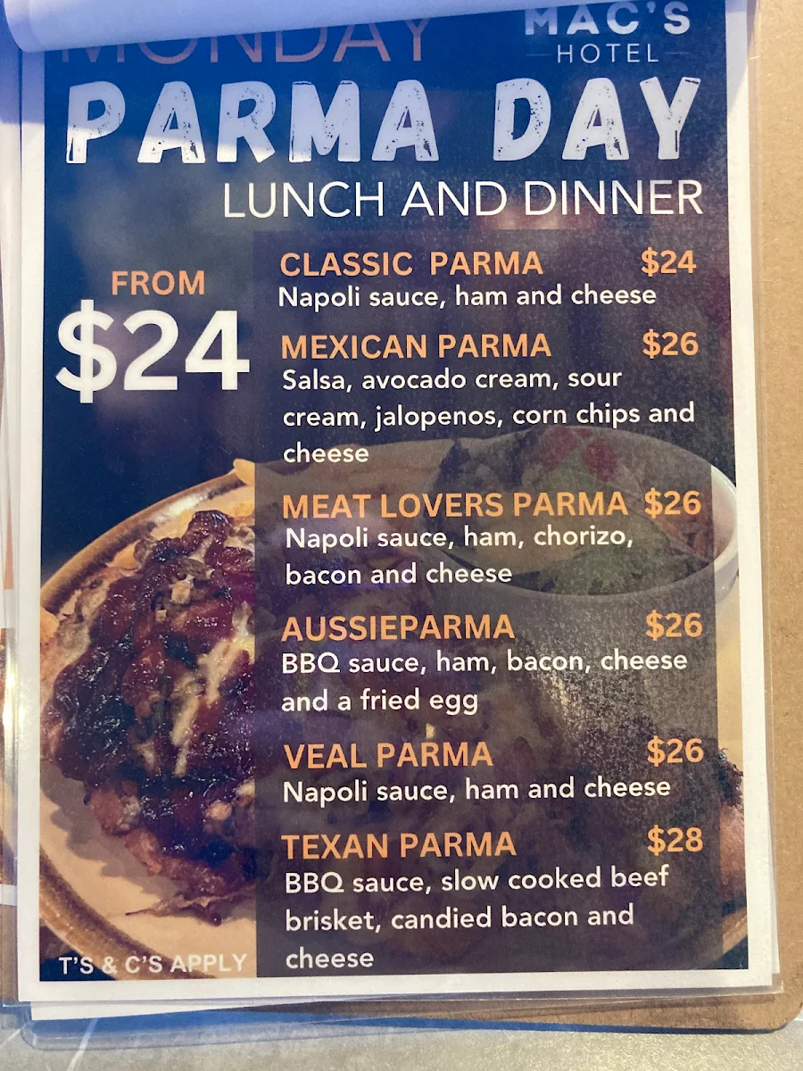 Menu, Macs Hotel Warrnambool