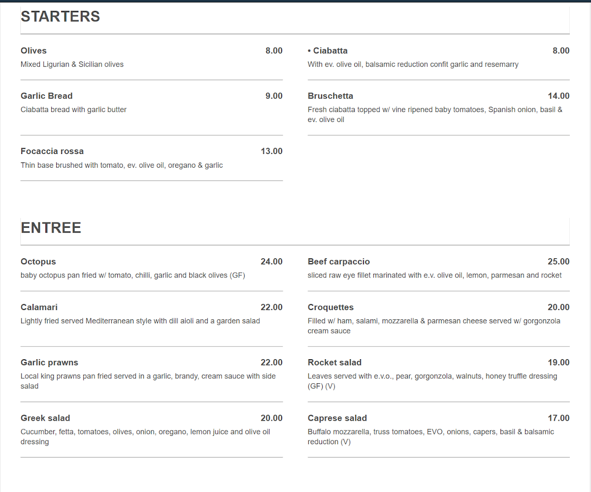 Menu, Eat Italiano