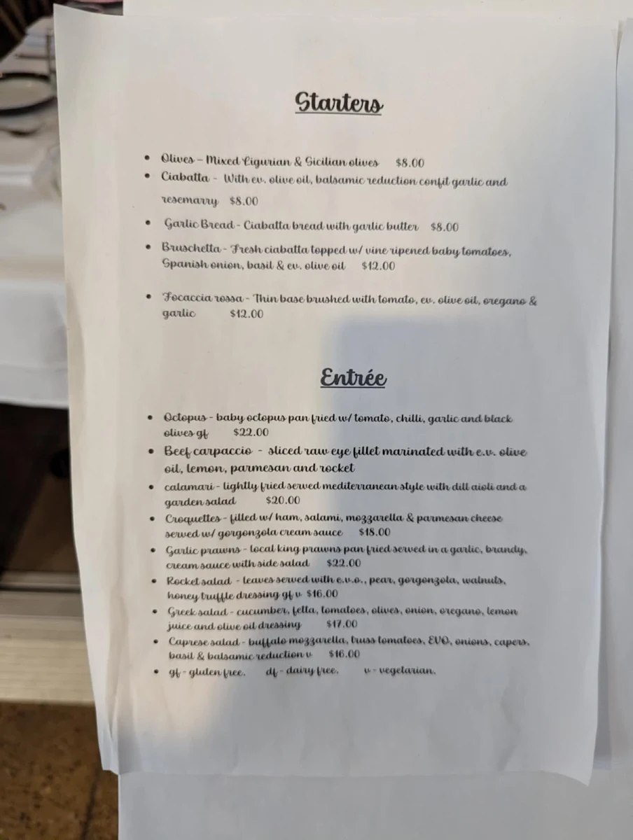 Menu, Eat Italiano
