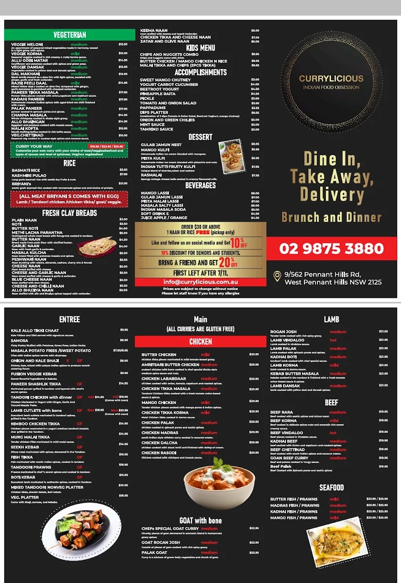 Menu, Currylicious (Indian food Obsession) West Pennant Hills
