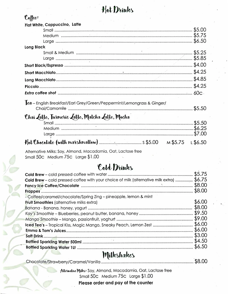 Menu, Hedge Espresso