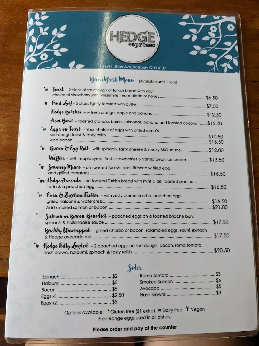 Menu, Hedge Espresso