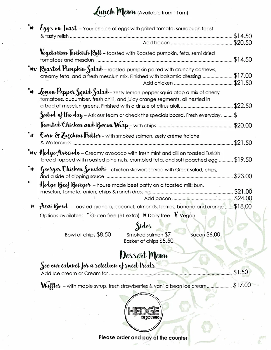 Menu, Hedge Espresso