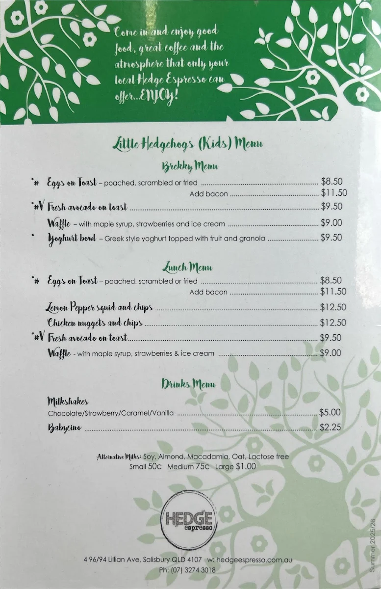Menu, Hedge Espresso