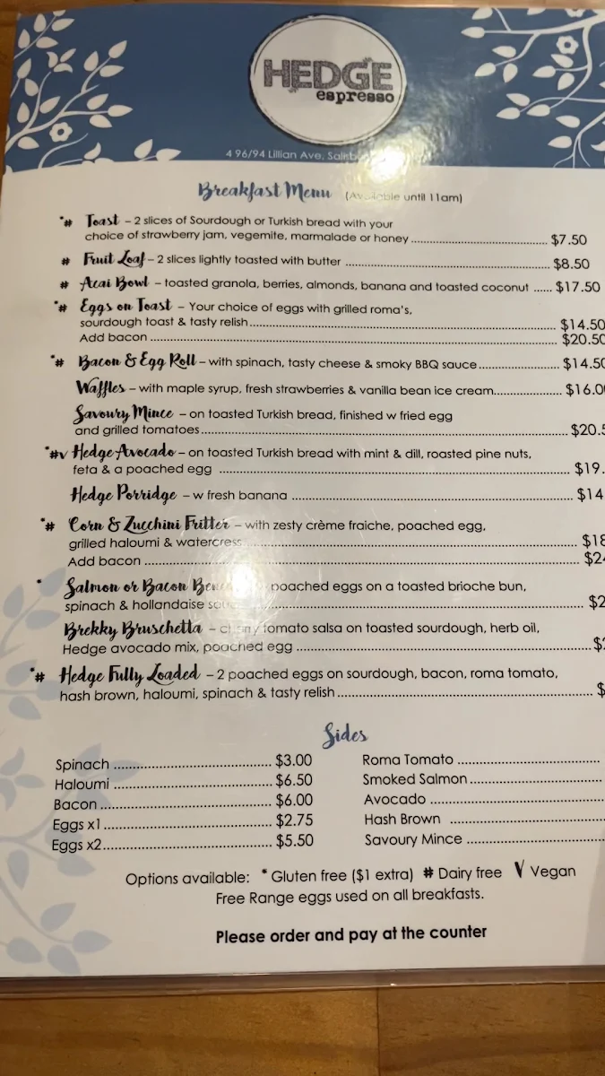 Menu, Hedge Espresso
