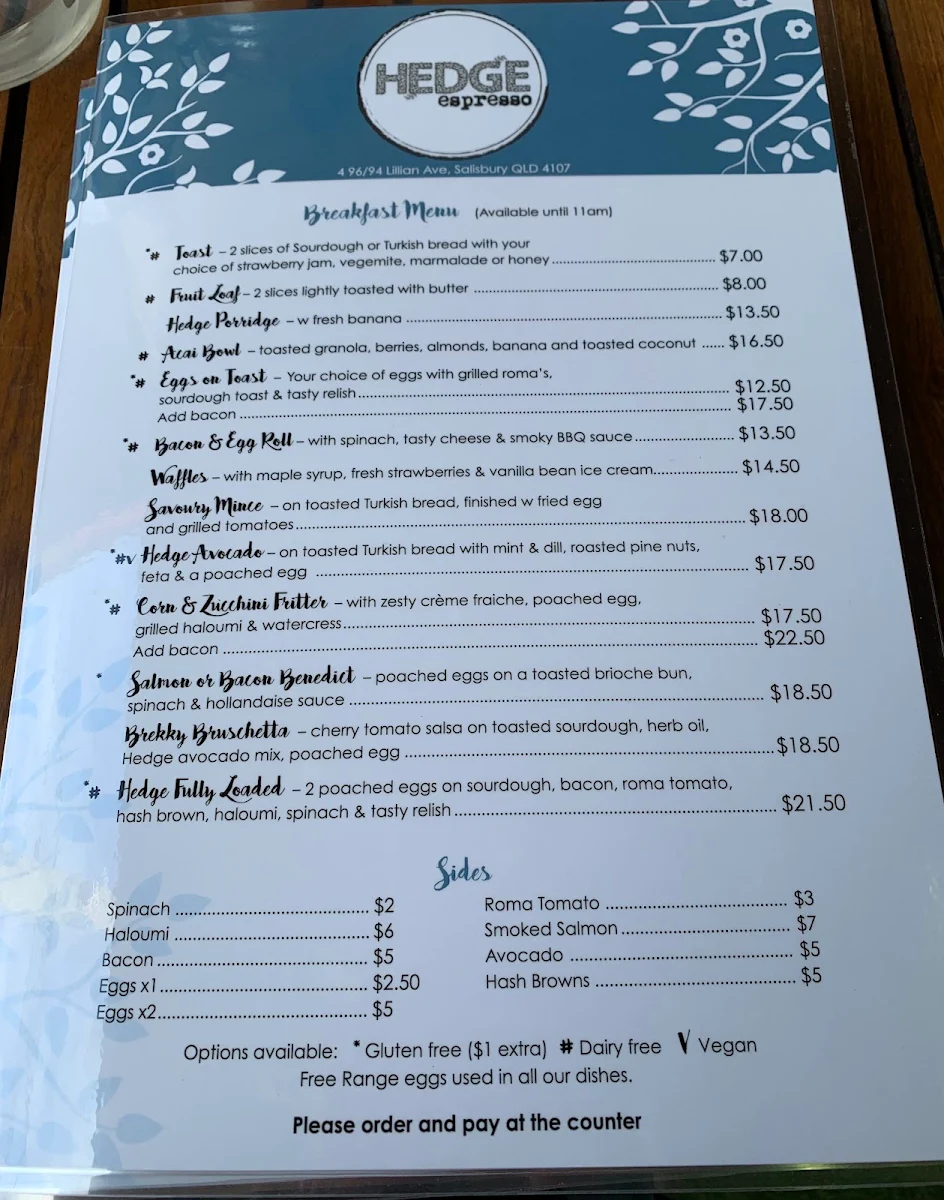 Menu, Hedge Espresso
