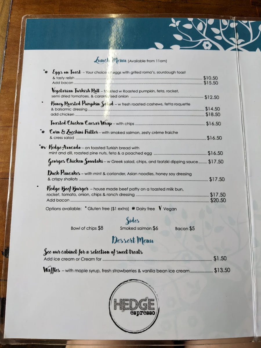 Menu, Hedge Espresso