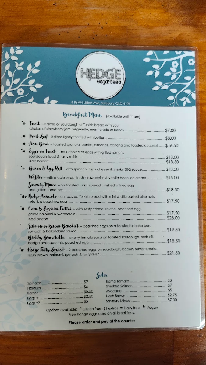 Menu, Hedge Espresso